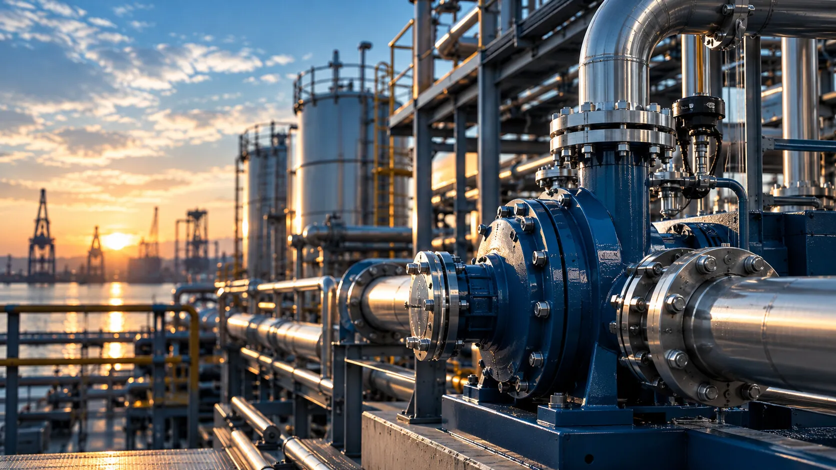 Stainless steel pipework and a blue industrial pump at sunset